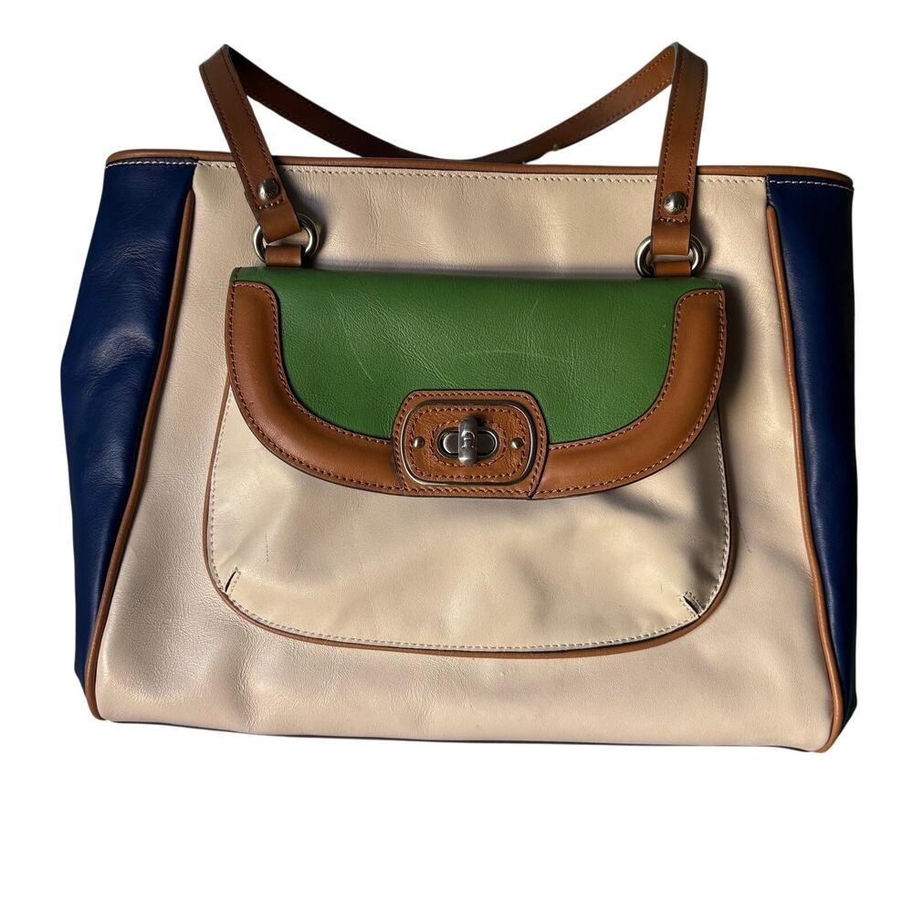 Etienne Aigner Vintage Handbag Satchel Purse Green Blue Beige Leather Saddle Bag